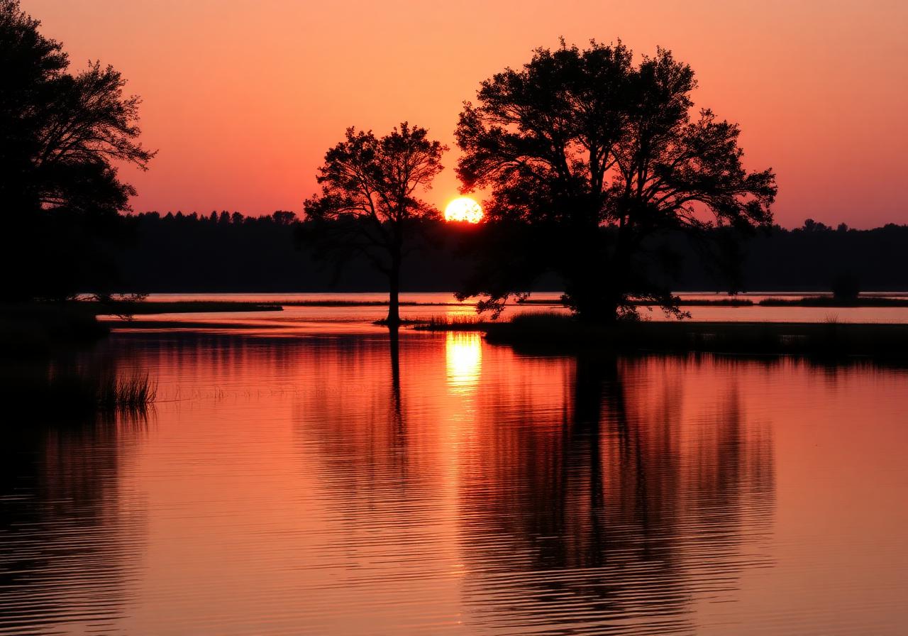 Jezioro o zachodzie słońca